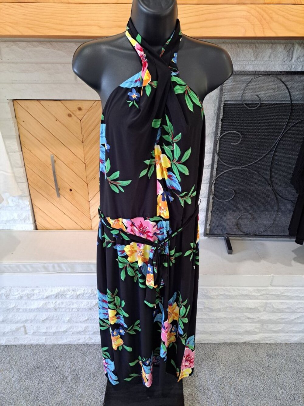 New Ralph Lauren Halter Dress Size12 Womens Black Floral Jersey Tags Vacation